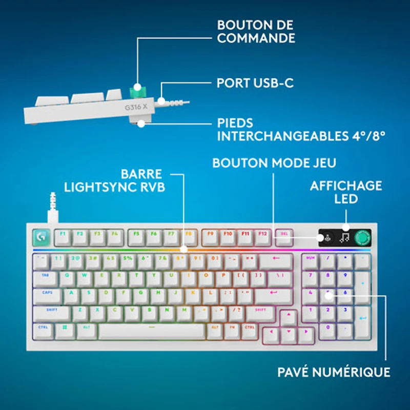 Clavier de jeu mécanique rétroéclairé pleine grandeur à touches tactiles G316 X de Logitech - Blanc - Anglais