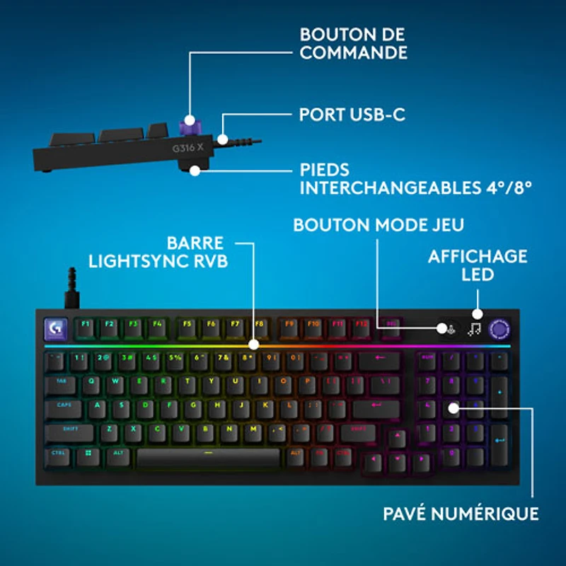 Clavier de jeu mécanique rétroéclairé pleine grandeur à touches linéaires G316 X de Logitech - Noir - Anglais