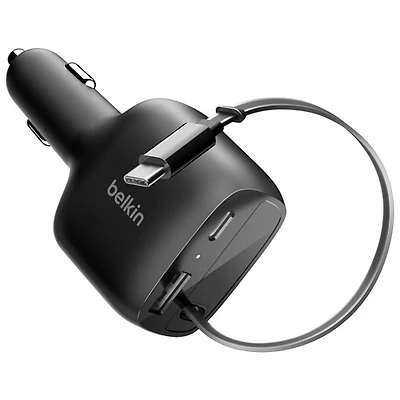 Belkin 75W Dual USB-C/USB-A Car Charger with Retractable USB-C Cable (CCC001fqBK) - Black