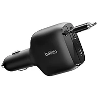 Belkin 75W Dual USB-C/USB-A Car Charger with Retractable USB-C Cable (CCC001fqBK) - Black