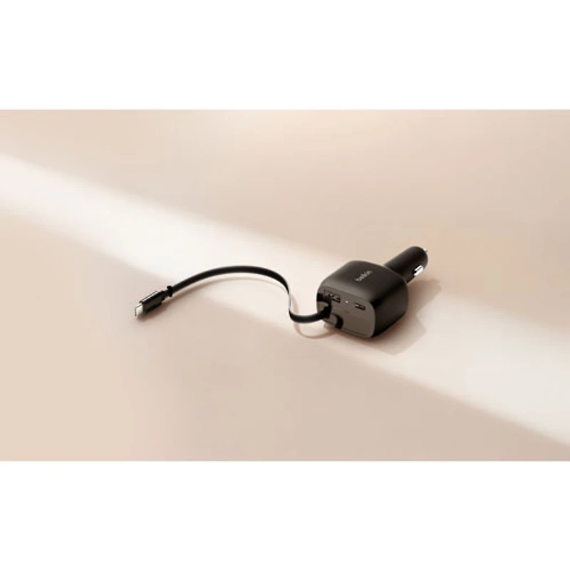 Belkin 75W Dual USB-C/USB-A Car Charger with Retractable USB-C Cable (CCC001fqBK) - Black