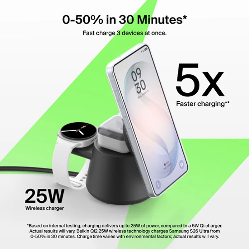 Belkin UltraCharge 3-in-1 25W Qi2 Wireless Magnetic Charging Stand - Black
