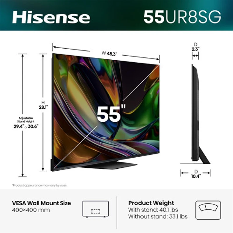 Hisense 55" UR8SG 4K UHD HDR Dolby Atmos RGB Mini-LED Android Smart TV (55UR8SG) - 2026 - Great for Movies & Gaming