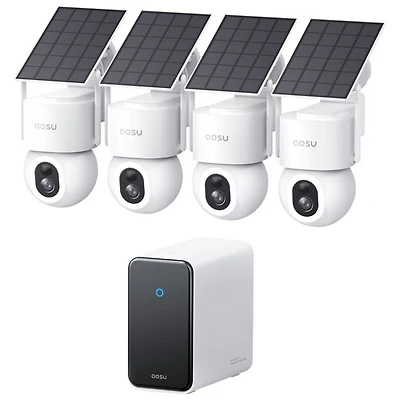 Système de 4 caméras de sécurité extérieures sans fil Aosu SolarCam D1 Max avec concentrateur et vision nocturne en couleurs - Blanc