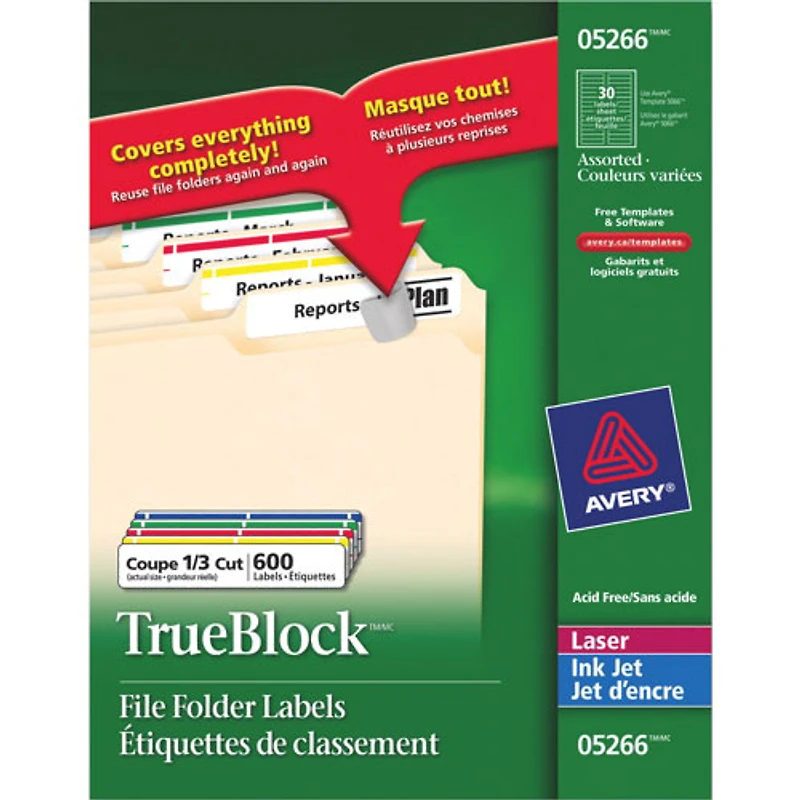 Avery TrueBlock 21/32" x 3-7/16" Laser/Inkjet File Folder Label - 600 Pack - Assorted Colours