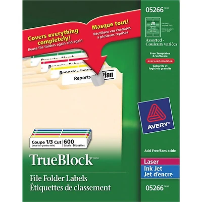 Avery TrueBlock 21/32" x 3-7/16" Laser/Inkjet File Folder Label - 600 Pack - Assorted Colours