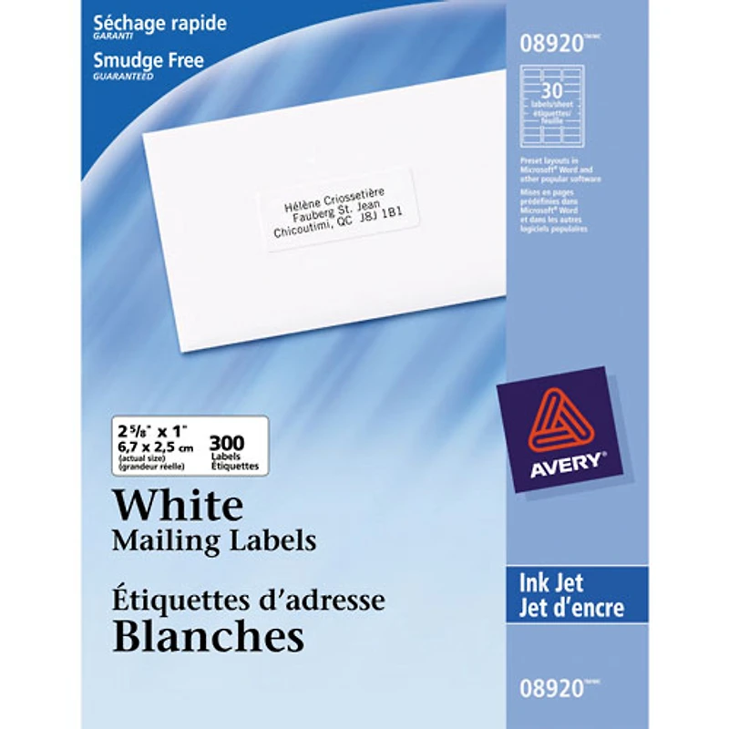 Avery 2 5/8" x 1" Ink Jet Mailing Labels - 300 Pack - White