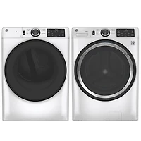 Laveuse à chargement frontal haute efficacité 5,5 pi³ et sécheuse électrique 7,8 pi³ de GE - Blanc