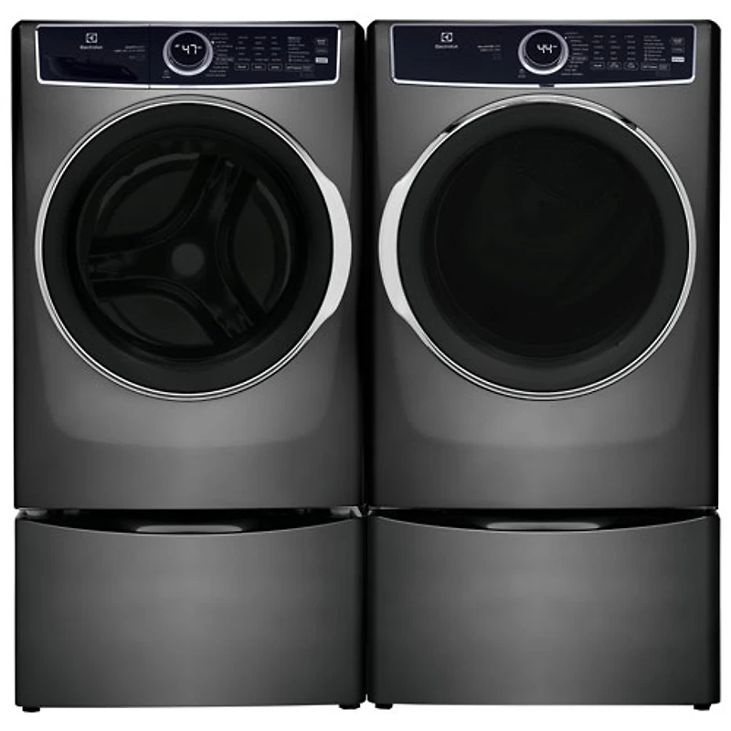 Laveuse à vapeur à chargement frontal 5,2 pi³ et sécheuse électrique à vapeur 8,0 pi³ d’Electrolux avec 2 socles de 27 po – Gris