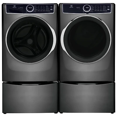 Laveuse à vapeur à chargement frontal 5,2 pi³ et sécheuse électrique à vapeur 8,0 pi³ d’Electrolux avec 2 socles de 27 po – Gris