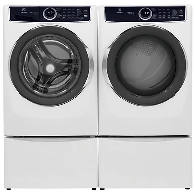 Laveuse à vapeur à chargement frontal 5,2 pi³ et sécheuse électrique à vapeur 8,0 pi³ d’Electrolux avec 2 socles de 27 po – Blanc