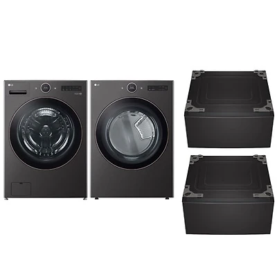 LG 5.8 Cu Ft Front Load Steam Washer & 7.4 Cu Ft Electric Steam Dryer w/ 2 27" Pedestals - Black Steel