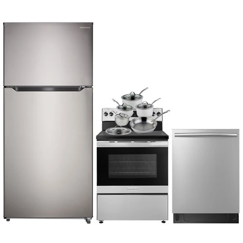 Insignia 30" 18 Cu. Ft. Top Freezer Refrigerator; Electric Range; Dishwasher; Cookware Set - Stainless