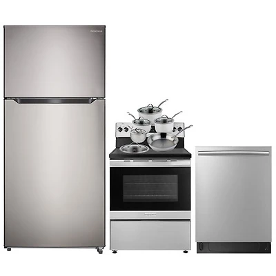 Insignia 30" 18 Cu. Ft. Top Freezer Refrigerator; Electric Range; Dishwasher; Cookware Set - Stainless