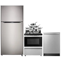 Insignia 30" 18 Cu. Ft. Top Freezer Refrigerator; Electric Range; Dishwasher; Cookware Set - Stainless