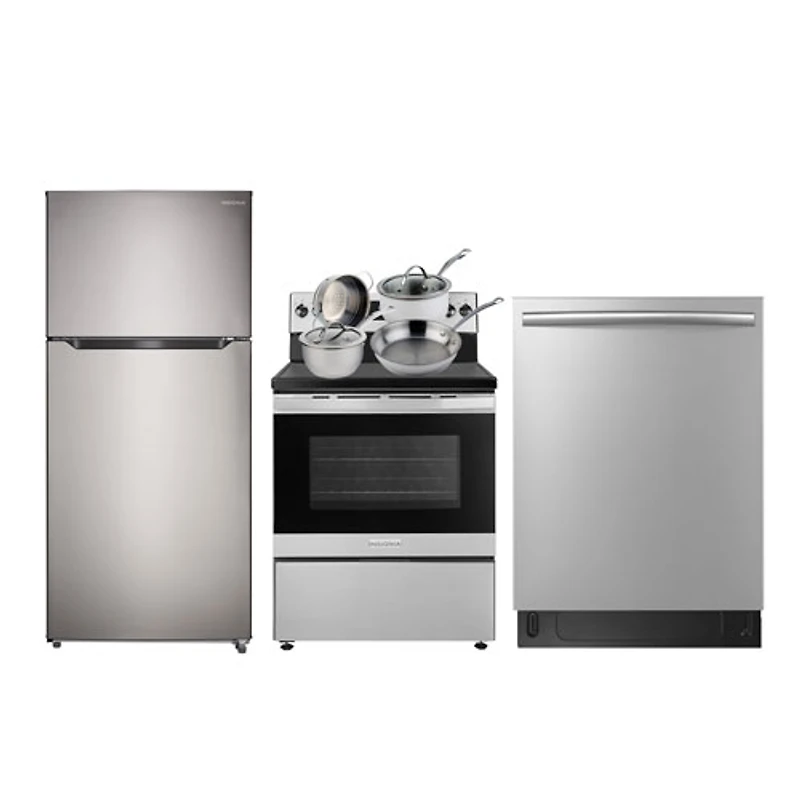 Réfrigérateur à congélateur supérieur 18 pi³ 30 po Insignia; Cuisinière électrique; Lave-vaisselle; Batterie de cuisine - Inox
