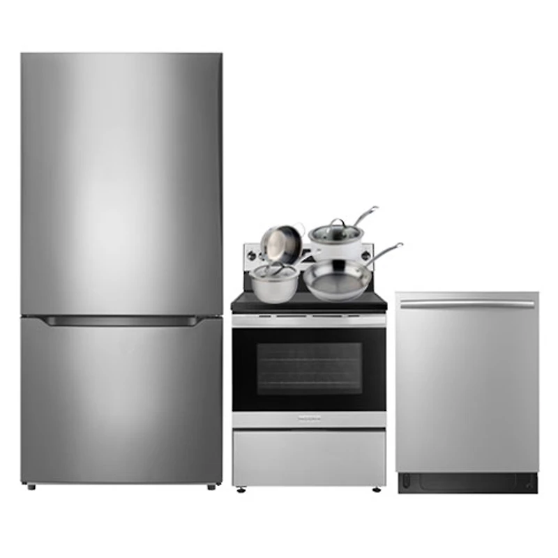 Réfrigérateur à congélateur inférieur 18,6 pi³ 30 po, cuisinière électrique et lave-vaisselle d'Insignia; Batterie de cuisine - Inox