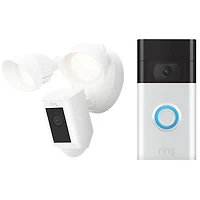 Caméra IP d'extérieur avec fil HD 1080p Floodlight Cam Wired Plus de Ring et sonnette vidéo (2e génération) de Ring - Blanc/Nickel satiné