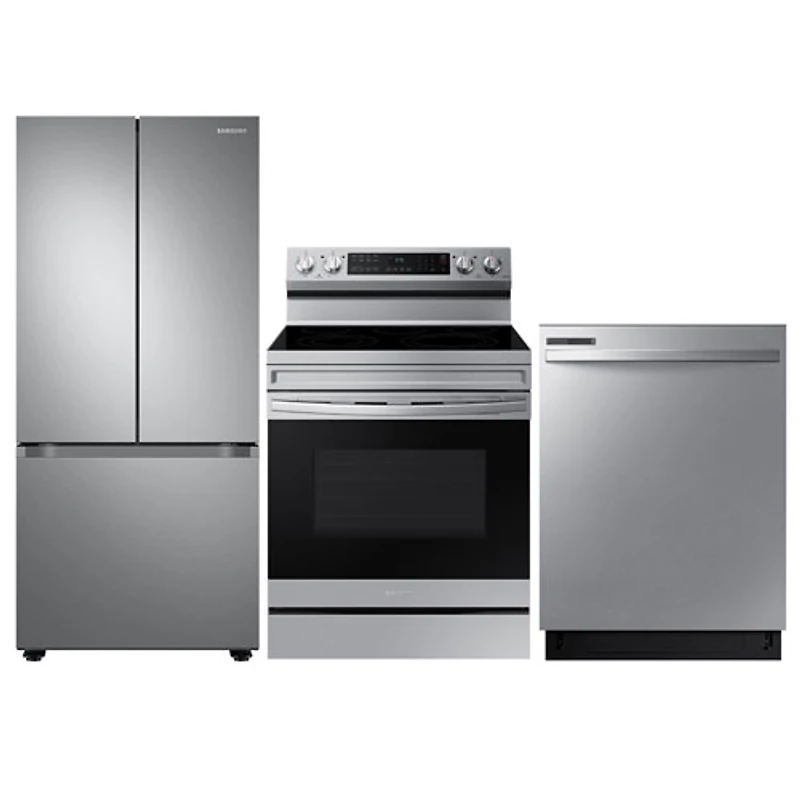Réfrigérateur à deux portes 22,1 pi³ 30 po; Cuisinière avec friture à air chaud; Lave-vaisselle de Samsung - Acier inoxydable