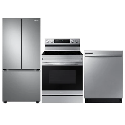 Réfrigérateur à deux portes 22,1 pi³ 30 po; Cuisinière avec friture à air chaud; Lave-vaisselle de Samsung - Acier inoxydable