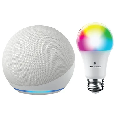 Haut-parleur intelligent Echo Dot (5e génération) d'Amazon avec ampoule DEL intelligente Cync A19 de GE - Blanc glacier/Multicolore