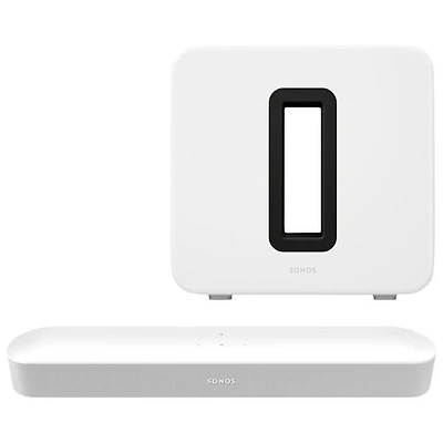 Barre de son Beam (2e génération) de Sonos et haut-parleur d'extrêmes graves sans fil Sub 4 - Blanc