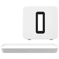 Barre de son Beam (2e génération) de Sonos et haut-parleur d'extrêmes graves sans fil Sub 4 - Blanc