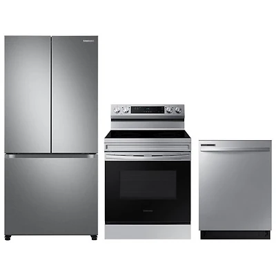 Réfrigérateur à deux portes à profondeur de comptoir 17,5 pi³ 33 po; Cuisinière électrique; Lave-vaisselle de Samsung - Acier inoxydable