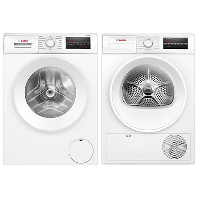 Laveuse à chargement frontal compacte HE 2,2 pi³ et sécheuse électrique 4 pi³ série 300 de Bosch - Blanc