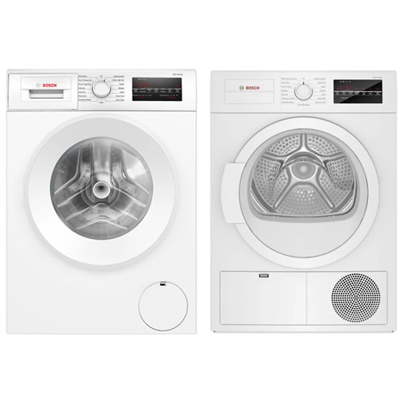 Laveuse à chargement frontal compacte HE 2,2 pi³ et sécheuse à condensateur électrique 4 pi³ série 300 de Bosch - Blanc