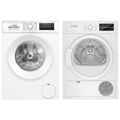 Laveuse à chargement frontal compacte HE 2,2 pi³ et sécheuse à condensateur électrique 4 pi³ série 300 de Bosch - Blanc