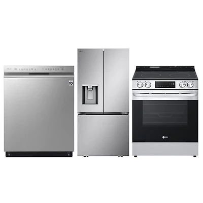 Réfrigérateur à deux portes 20,2 pi³ 33 po; Cuisinière électrique avec friture à air chaud; Lave-vaisselle de LG - Acier inoxydable
