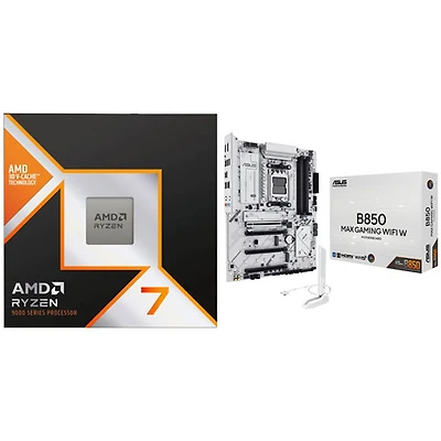 Processeur octocoeur Ryzen 7 9800X3D de 5,2 GHz AM5 d'AMD et carte mère B850 Max Gaming Wi-Fi W ATX AM5 d'ASUS