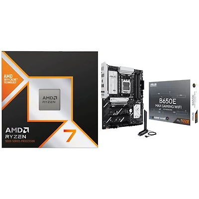 Processeur octocoeur 5,2 GHz Ryzen 7 9800X3D AM5 d'AMD et carte mère DDR5 AM5 Wi-Fi 6E MAX Gaming B650E d'Asus