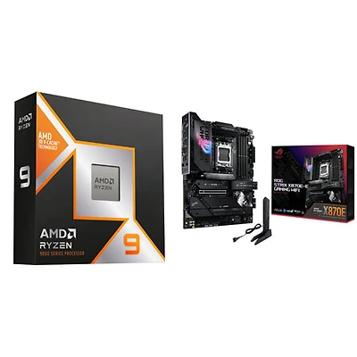 Processeur 16 coeurs Ryzen 9 9950X3D AM5 d'AMD et carte mère ROG Strix X870E-E Gaming Wi-Fi 7 AM5 DDR5 d'ASUS