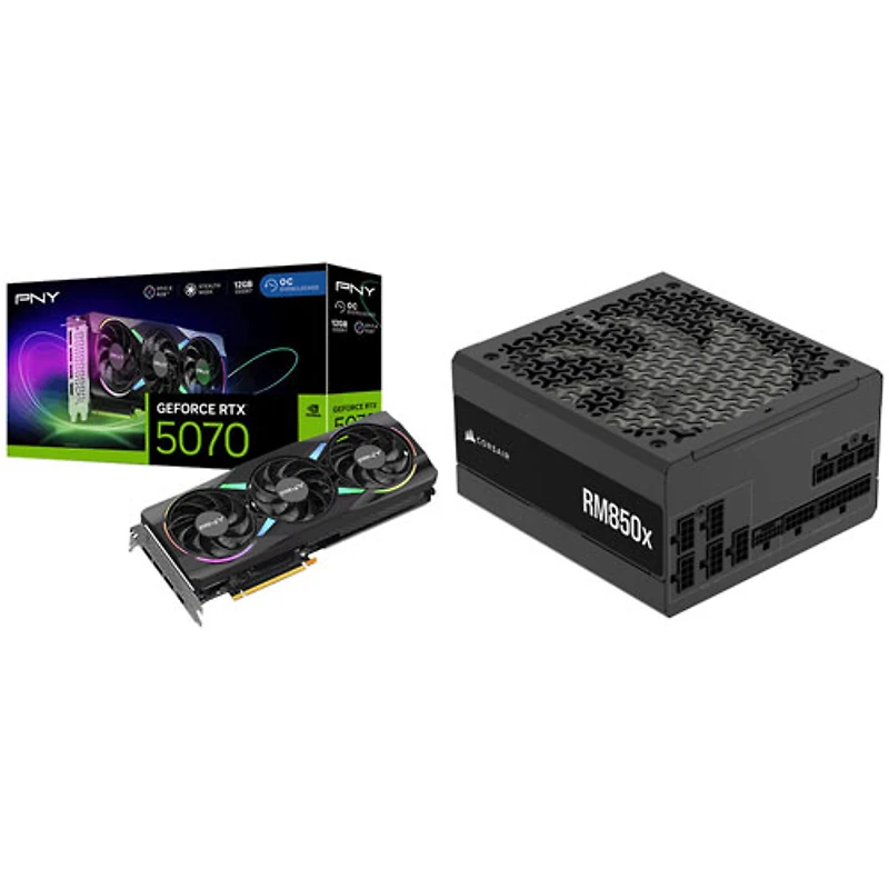 Carte graphique GeForce RTX 5070 ARGB OC GDDR7 de 12 Go de PNY et bloc d'alimentation ATX RMx 850 W de Corsair