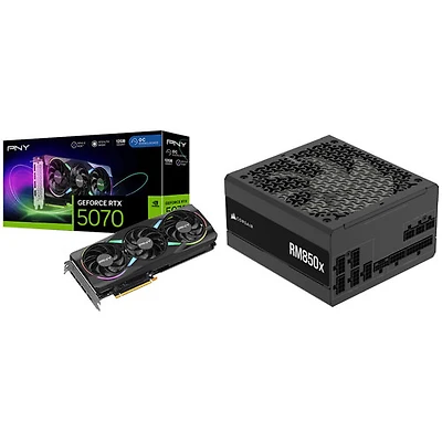 Carte graphique GeForce RTX 5070 ARGB OC GDDR7 de 12 Go de PNY et bloc d'alimentation ATX RMx 850 W de Corsair