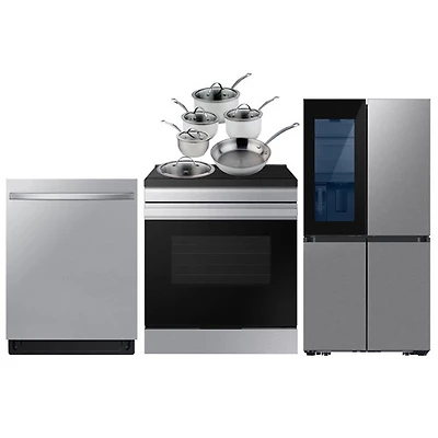 Samsung BESPOKE 36" French Door Refrigerator; Electric Range; Dishwasher; Cookware Set - Stainless