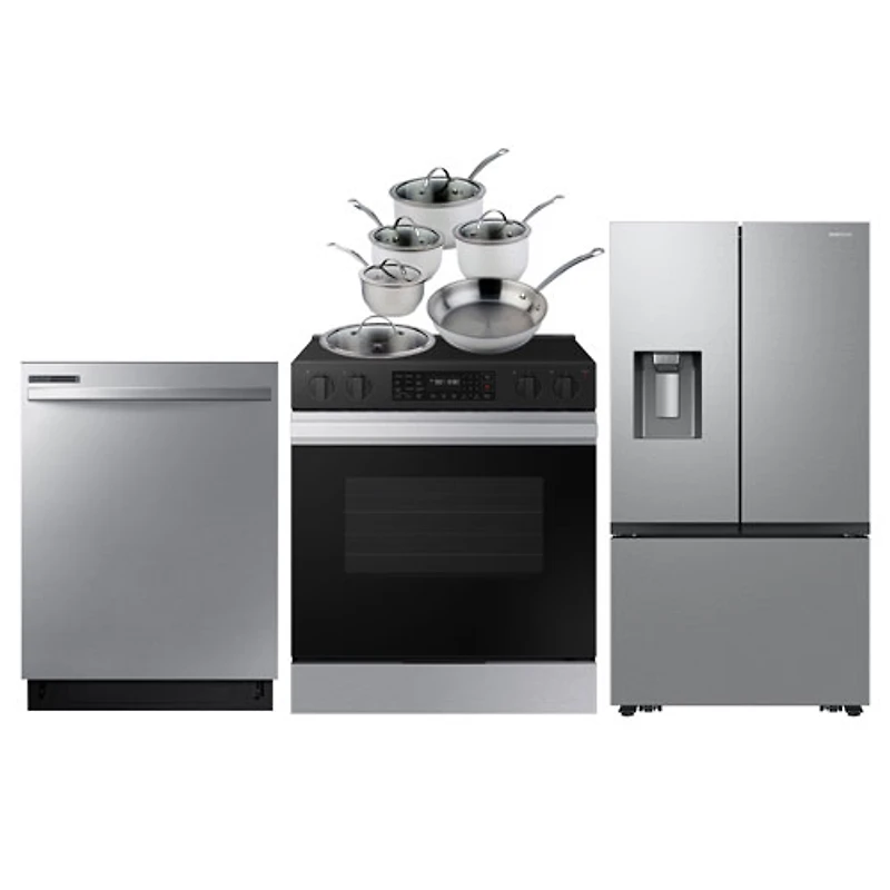 Samsung 36" French Door Refrigerator; Electric Range; Dishwasher; Cookware Set - Stainless Steel