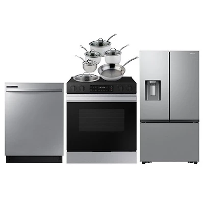Samsung 36" French Door Refrigerator; Electric Range; Dishwasher; Cookware Set - Stainless Steel