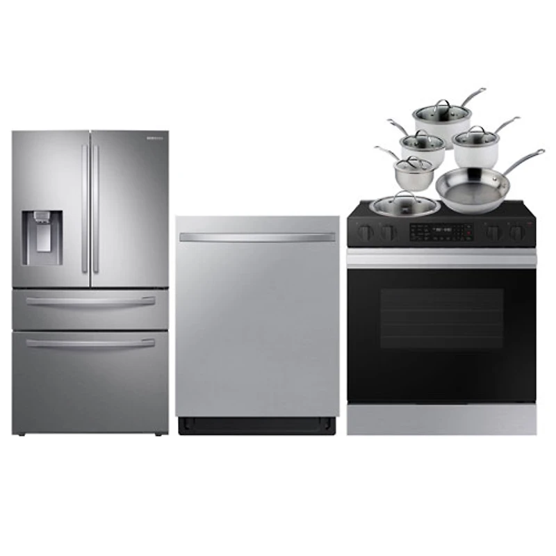 Samsung 36" 28 Cu. Ft. French Door Refrigerator; Electric Range; Dishwasher; Cookware Set - Stainless