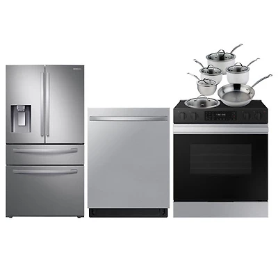 Samsung 36" 28 Cu. Ft. French Door Refrigerator; Electric Range; Dishwasher; Cookware Set - Stainless