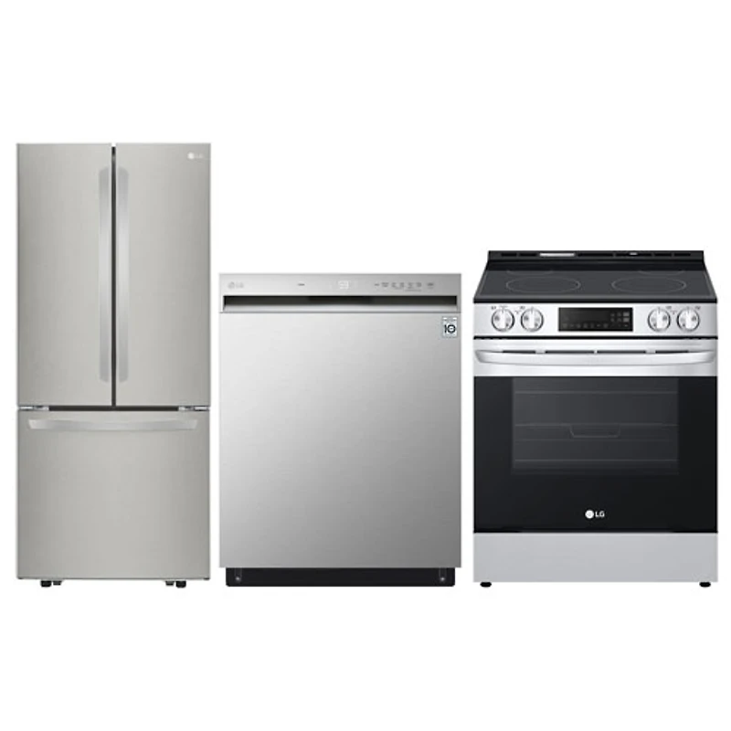 LG 30" 21.8 Cu. Ft. French Door Refrigerator; Electric Air Fry Range; Dishwasher - Stainless Steel