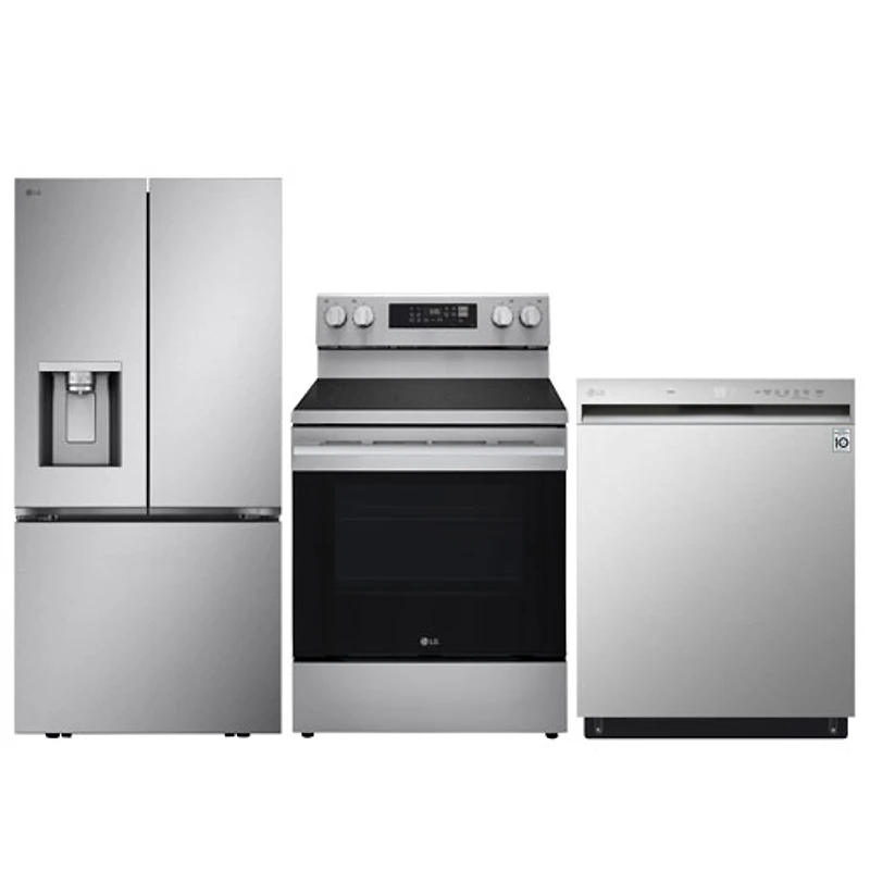 LG 33" 20.2 Cu. Ft. French Door Refrigerator; Electric Range; Dishwasher - Stainless Steel