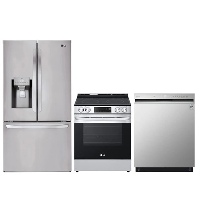 LG 36" 27.7 Cu. Ft. French Door Refrigerator; Electric Range; Dishwasher - Stainless Steel