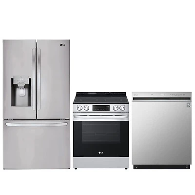 LG 36" 27.7 Cu. Ft. French Door Refrigerator; Electric Range; Dishwasher - Stainless Steel