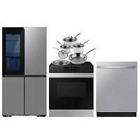 Samsung BESPOKE 36" 22.8 Cu Ft Counter Depth 4-Door French Door Refrigerator; Electric Range; Dishwasher; Cookware Set - SS