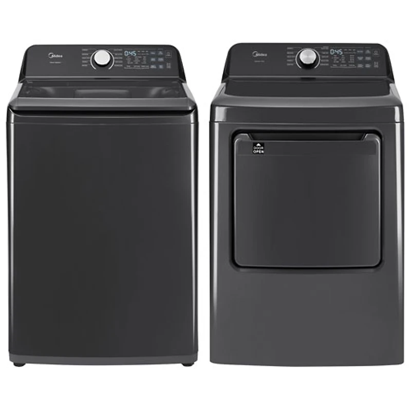 Laveuse à chargement par le haut avec agitateur 5,2 pi³ et sécheuse électrique 7 pi³ de Midea - Acier inoxydable noir mat/Gris métallique