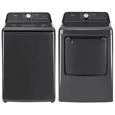 Laveuse à chargement par le haut avec agitateur 5,2 pi³ et sécheuse électrique 7 pi³ de Midea - Acier inoxydable noir mat/Gris métallique
