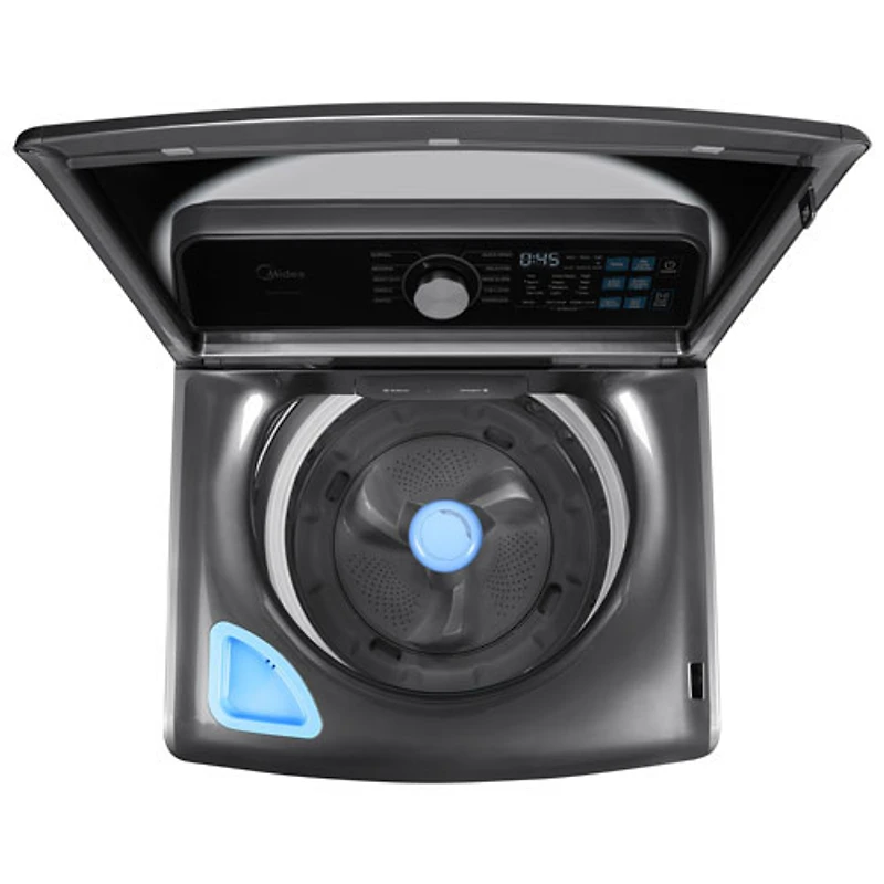 Laveuse à chargement par le haut avec agitateur 5,2 pi³ et sécheuse électrique 7 pi³ de Midea - Acier inoxydable noir mat/Gris métallique